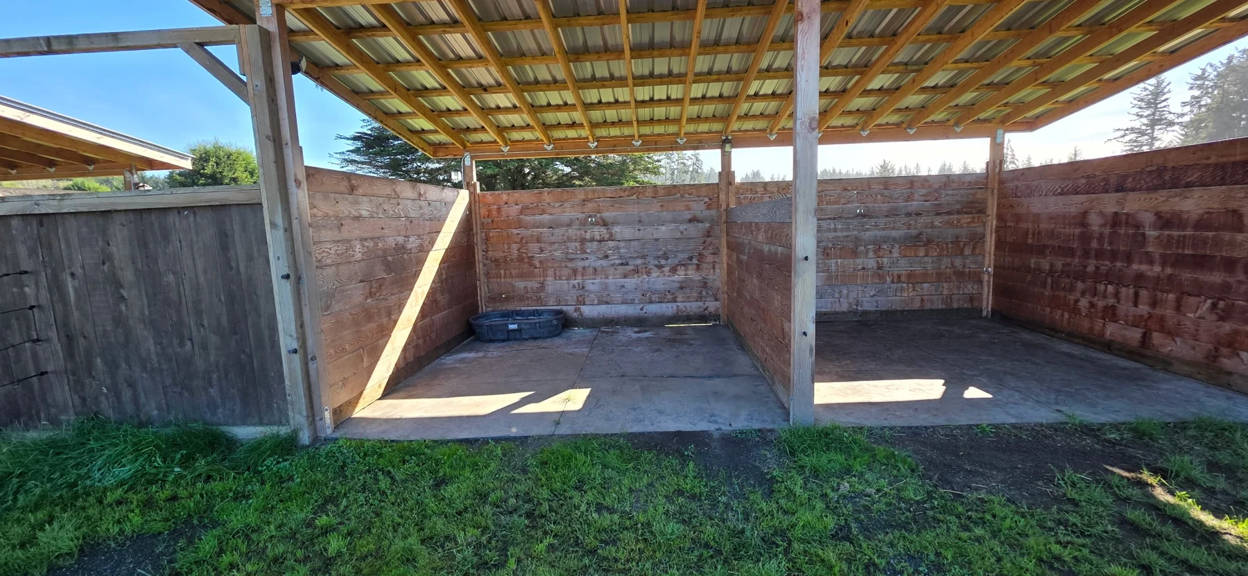 Inside a timber shelter showing roof framing and stacked timber walls